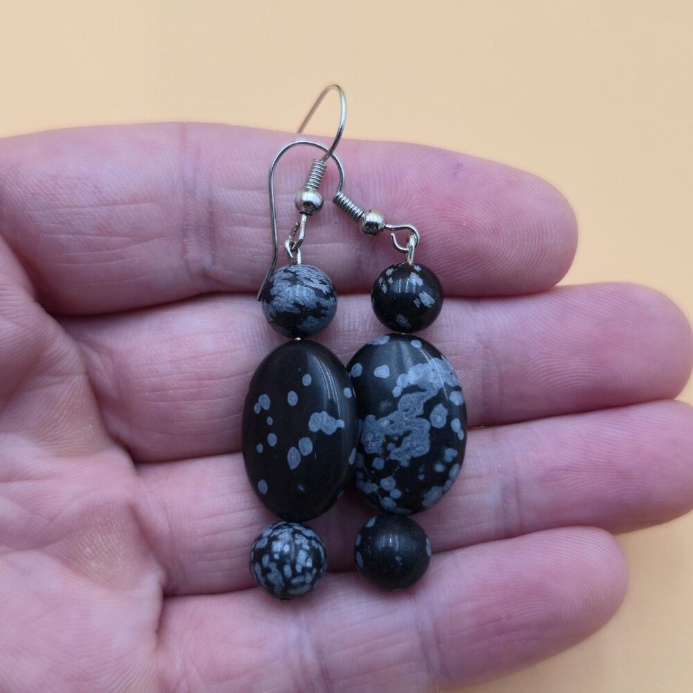 Silver Plated Over Copper Snowflake Obsidian Stone Vintage Earrings A5983 - Picture 3 of 5